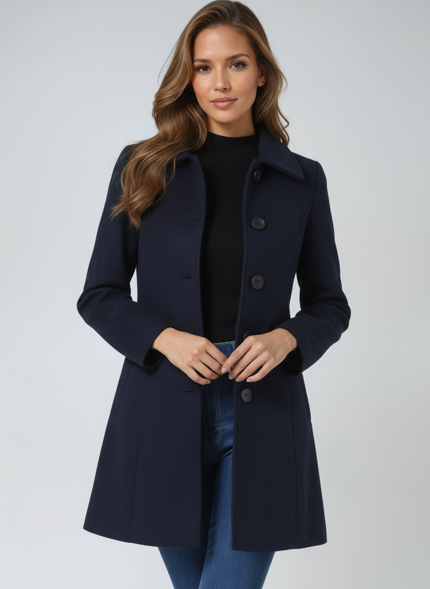 Dark blue wool coat for women, knee length front view