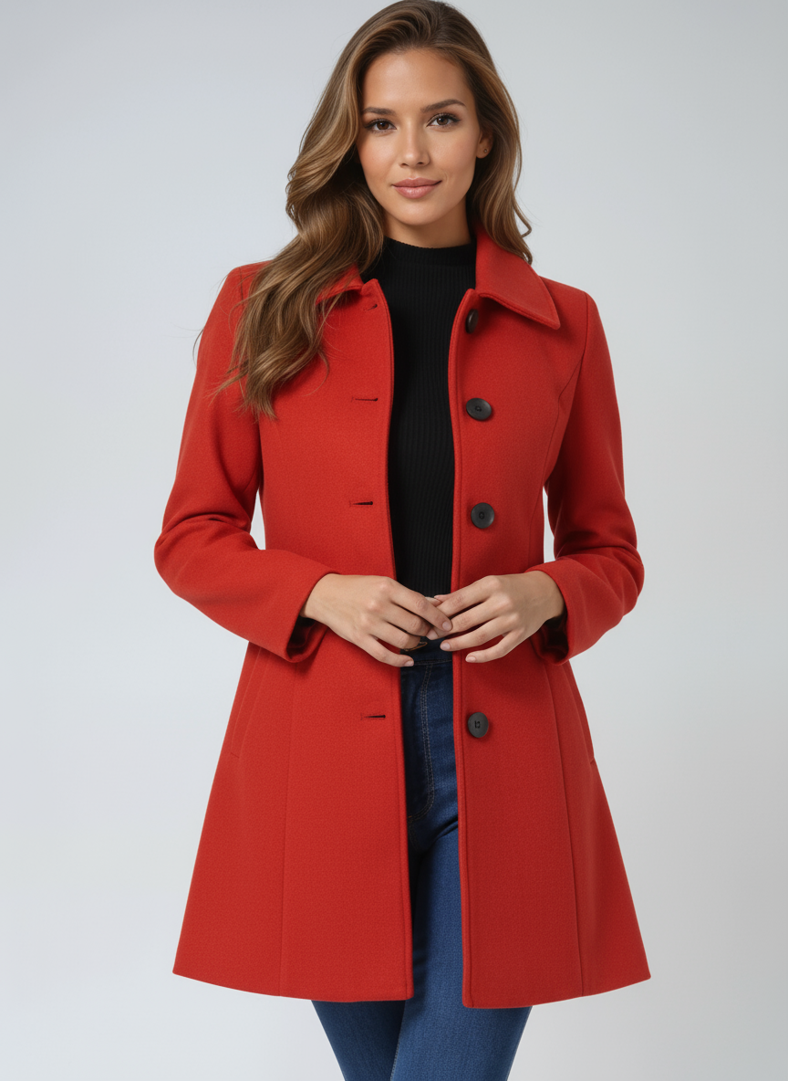 Red wool coat for women, front view of the single breasted five button closure