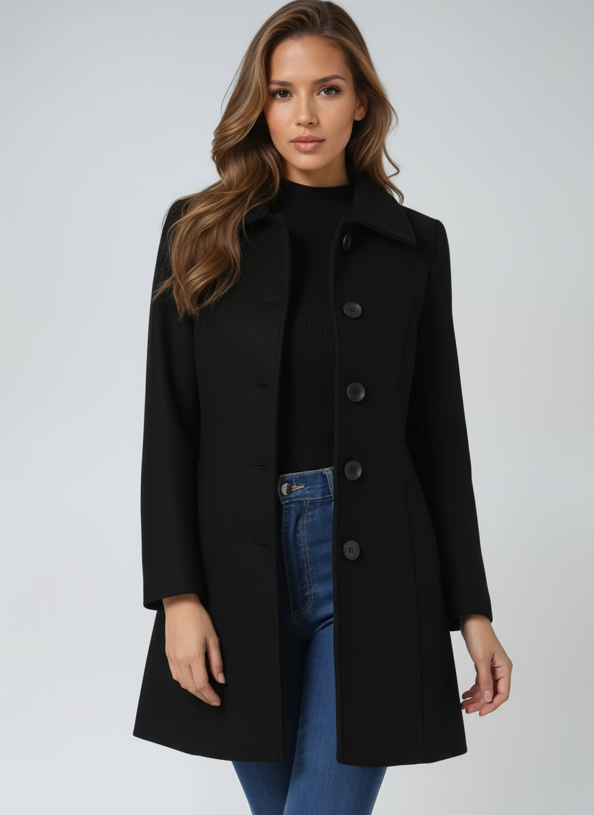 Wool coat for women, side view showing the knee length line and slit side pockets