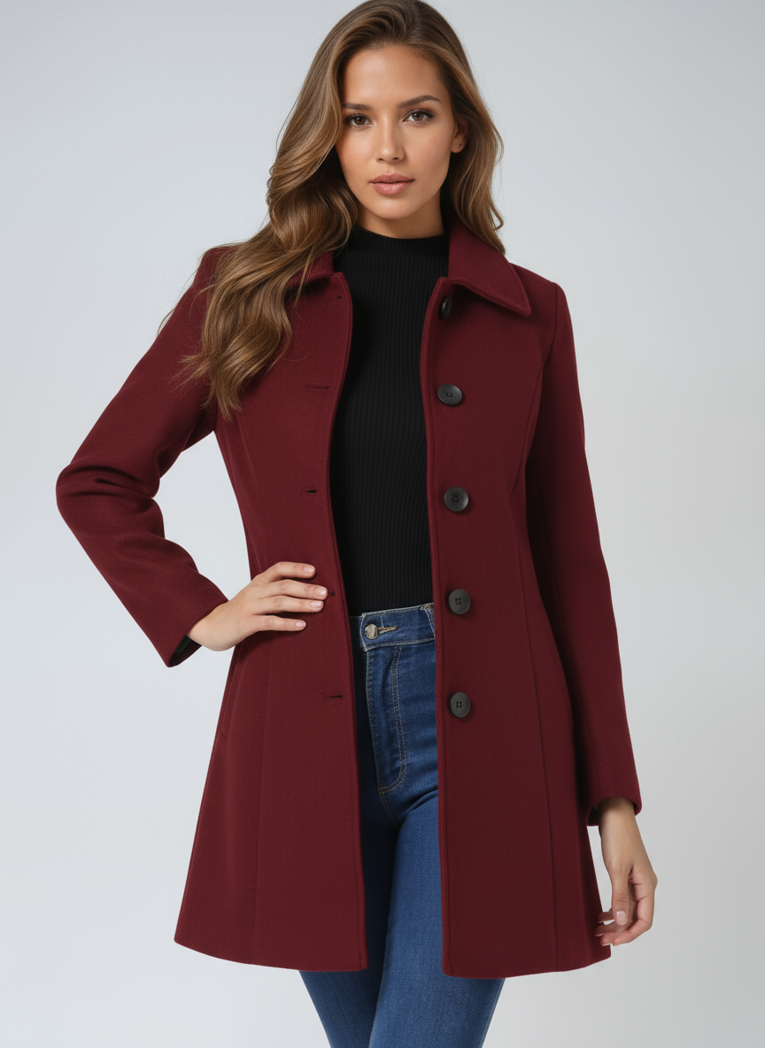 Dark red wool coat for women, knee length front view