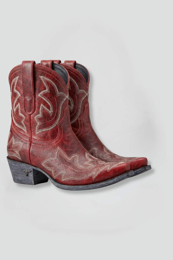 Embroidered western boots photographed as a pair from the front