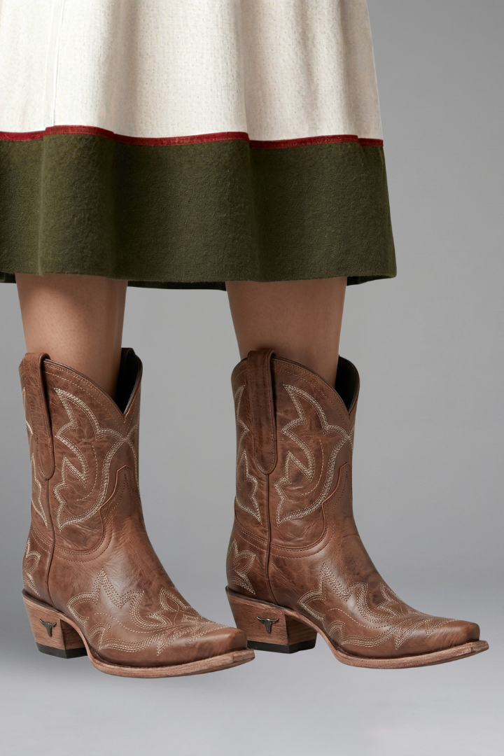 Brown embroidered cowgirl boots shown as a pair