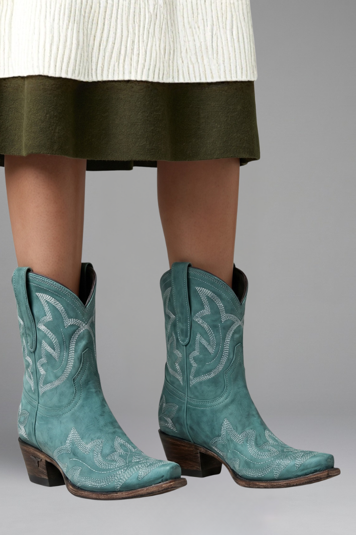 Turquoise teal embroidered cowgirl boots viewed from the side