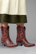Red embroidered cowgirl boots standing upright