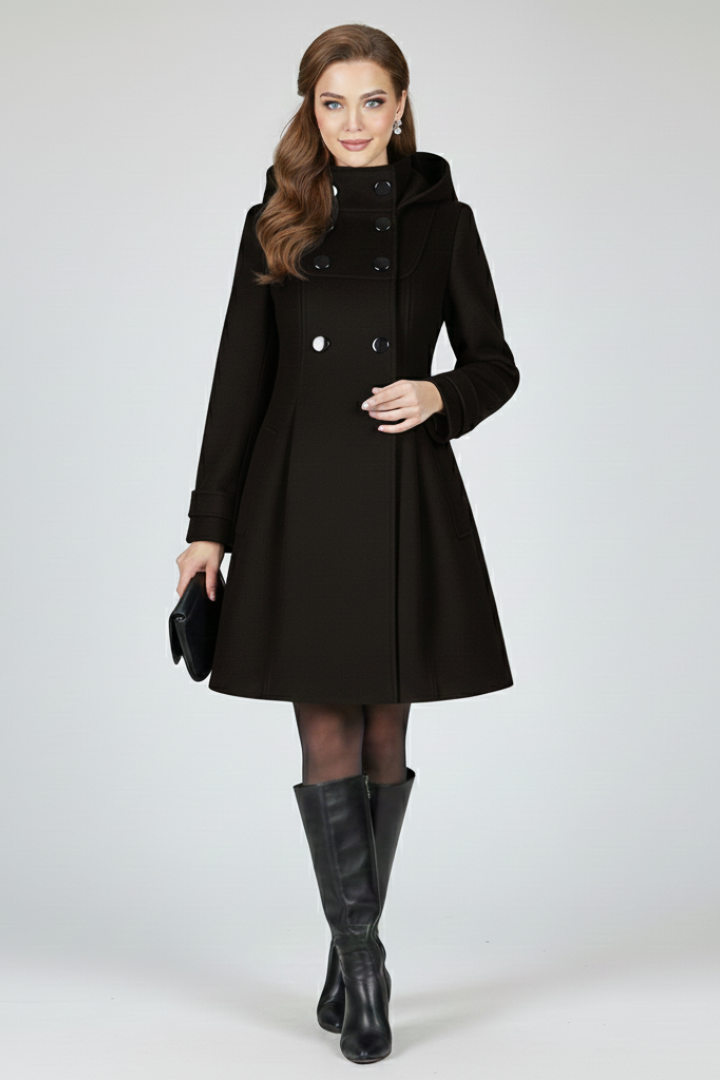 Black hooded coat for women, front view with the double button front fastened