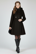 Black hooded coat for women, front view with the double button front fastened
