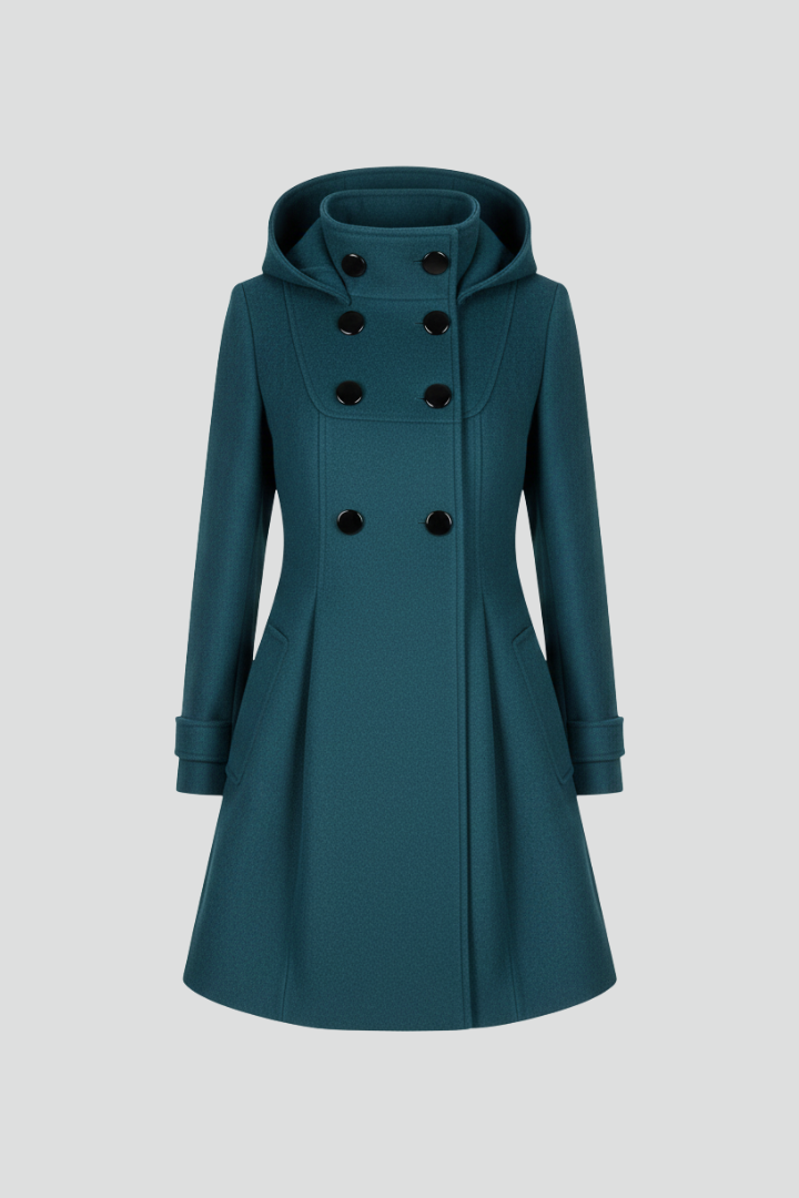Hooded coat for women, full-length styled view showing the A-line knee length shape