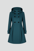 Hooded coat for women, full-length styled view showing the A-line knee length shape