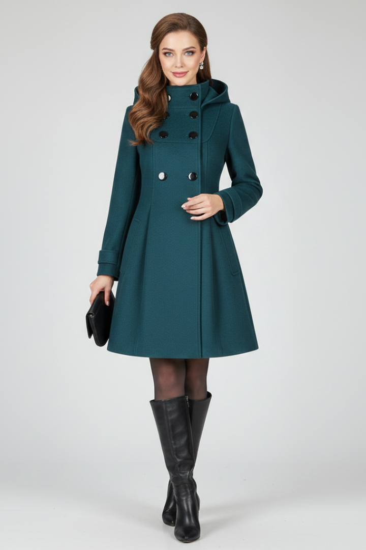 Green hooded coat for women, front view with the attached hood