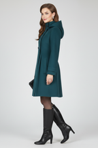 Hooded coat for women, alternate styled view of the woven A-line body