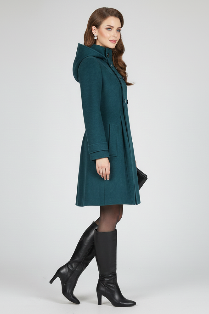 Hooded coat for women, detail of the high collar and double button placket