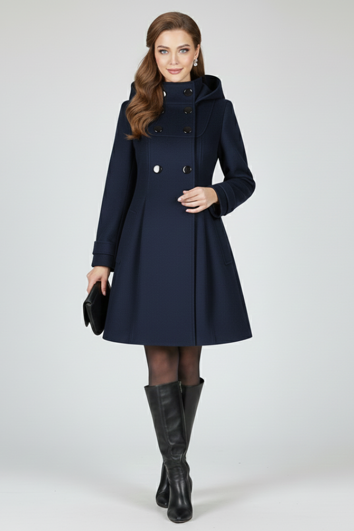 Navy blue hooded coat for women, front view of the knee length coat