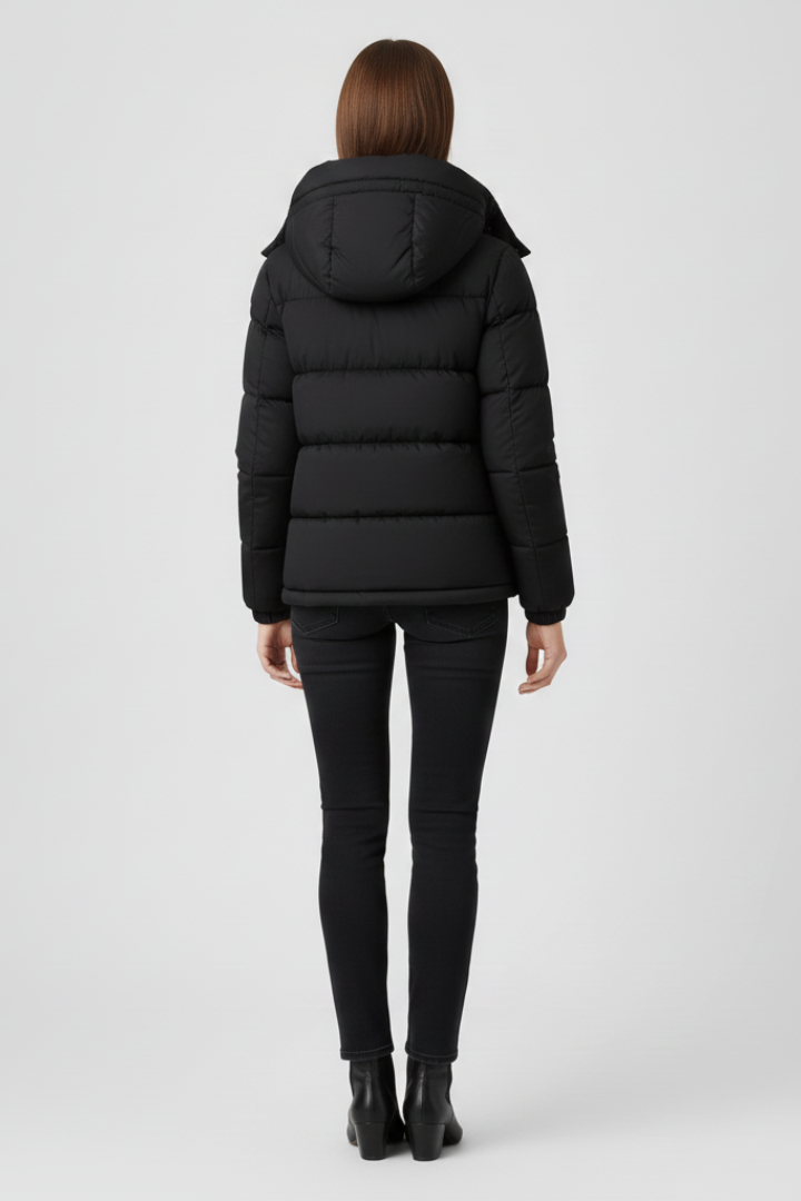 Insulated Jacket for Women in black — worn as a layer, full length view