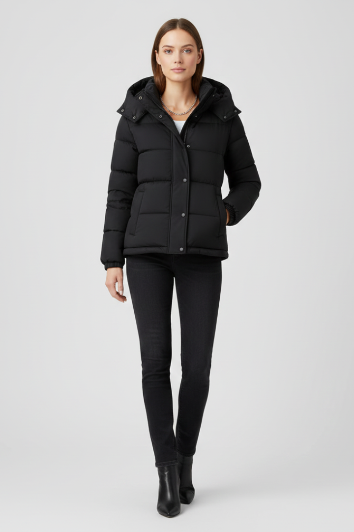 Insulated Jacket for Women in black — side view showing the clean silhouette