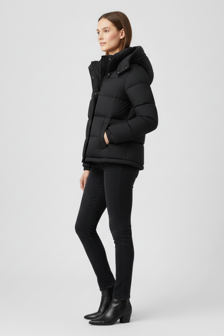 Insulated Jacket for Women in black — close view of the collar and front closure