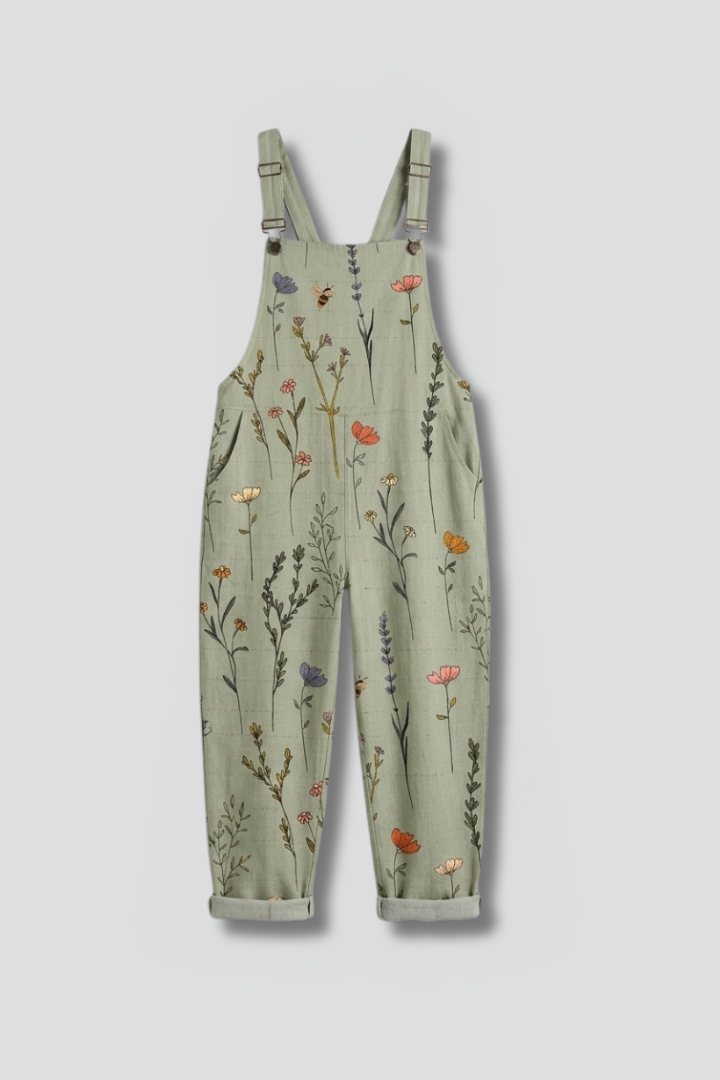 Wide leg jumpsuit for women in printed green, front view
