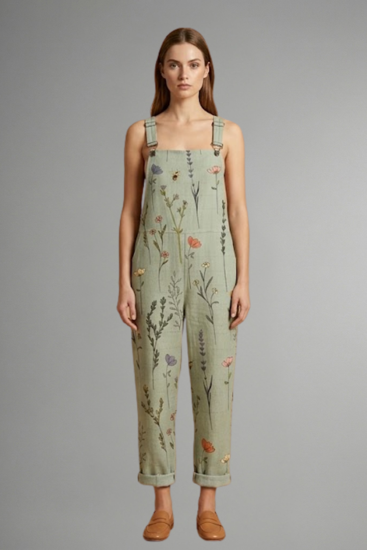 Square neckline and adjustable straps on the green jumpsuit