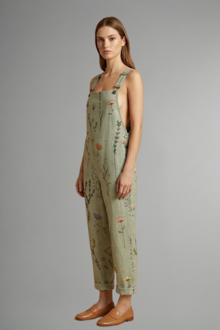 Side view of the wide leg jumpsuit showing the drape through the leg