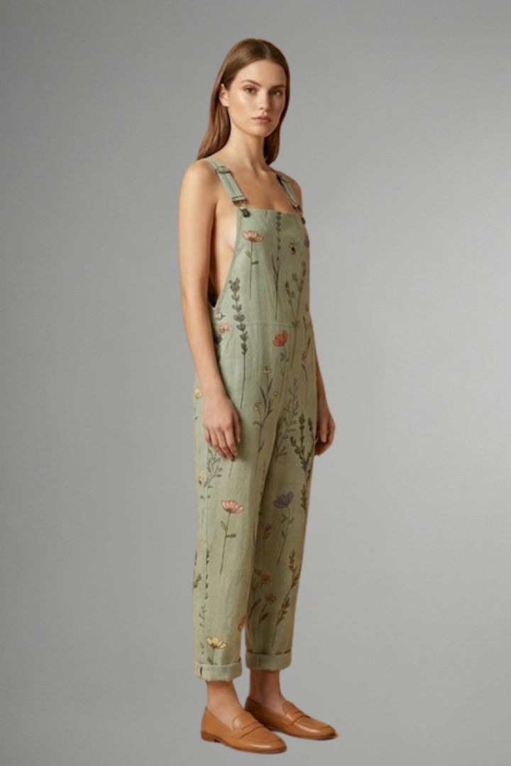 Full length view of the printed green wide leg jumpsuit