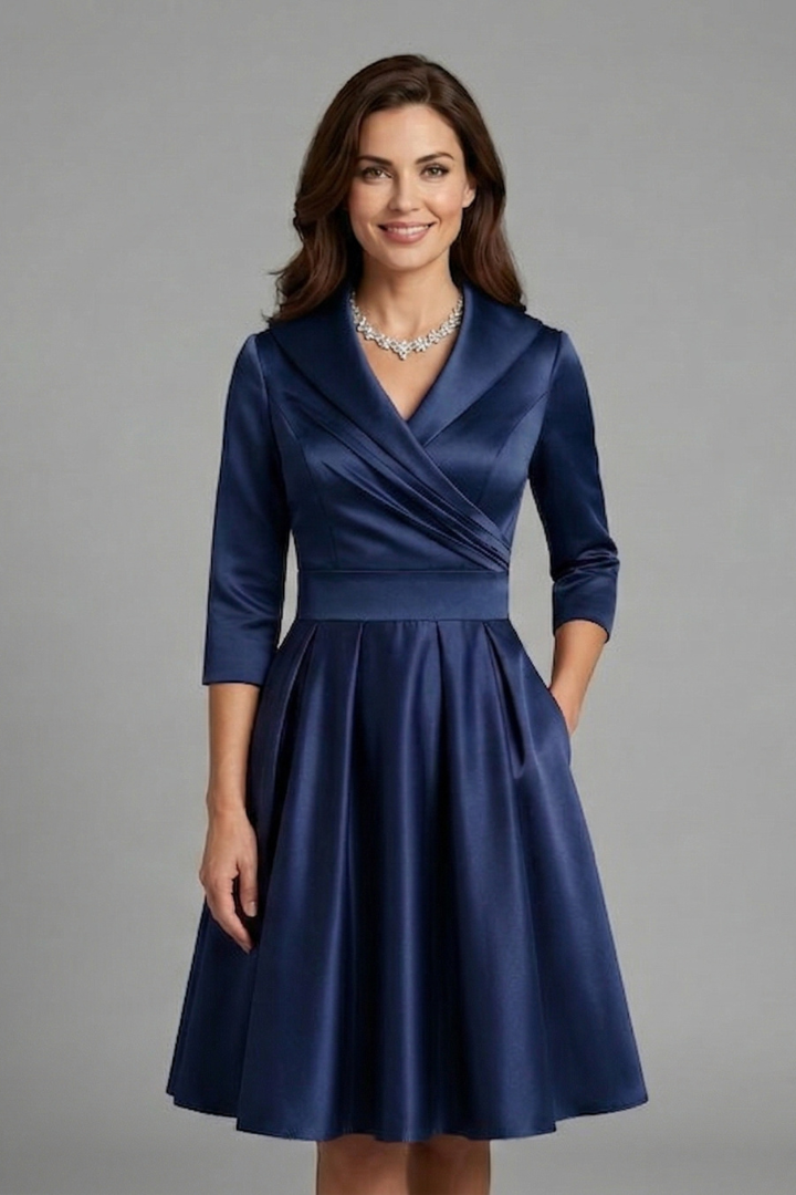 V Neck Midi Dress for Women in navy blue — front view