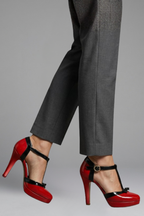 T strap platform heels — close up of the upper