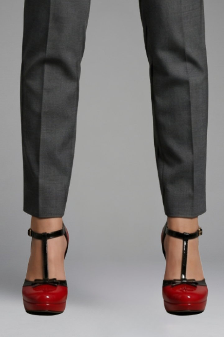 T strap platform heels — back view