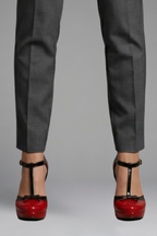T strap platform heels — back view