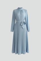 Long Sleeve Maxi Dress for Women — full length front view showing the pleated skirt and tie belt