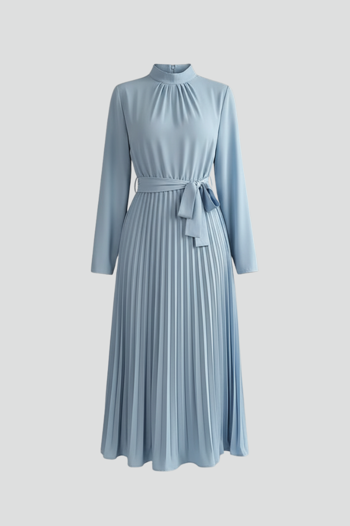 Long Sleeve Maxi Dress for Women — full length front view showing the pleated skirt and tie belt