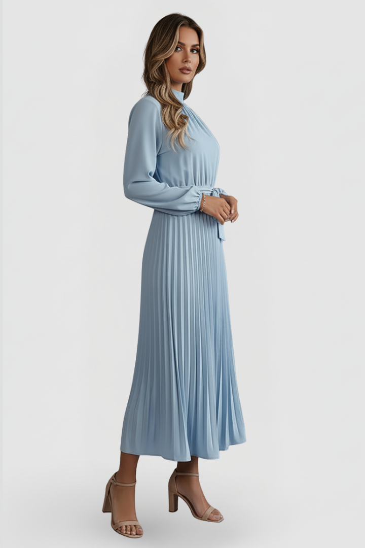 Long Sleeve Maxi Dress for Women — close view of the gathered high neckline and sleeve
