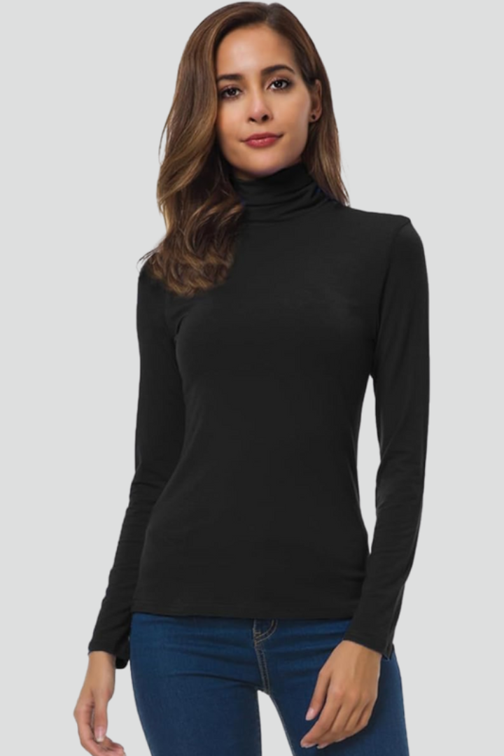 Turtleneck Sweater for Women in black — front view showing the raised collar and plain knit