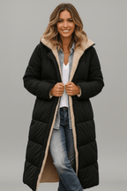 Black hooded long puffer coat for women, front view
