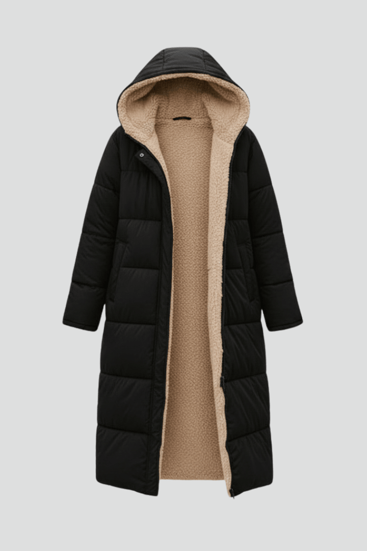 Long puffer coat for women, side view showing the longline hem and hood