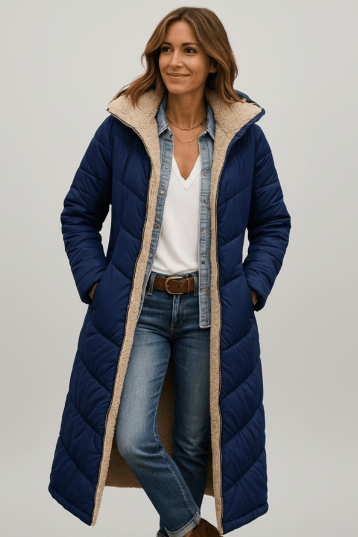 Navy blue hooded long puffer coat for women, front view