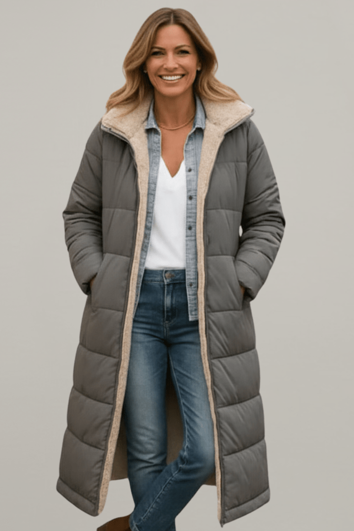 Grey hooded long puffer coat for women, front view
