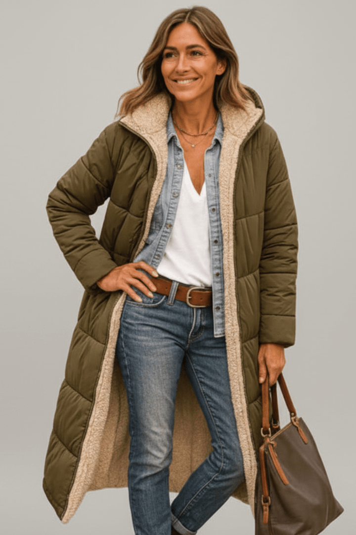 Army green hooded long puffer coat for women, front view