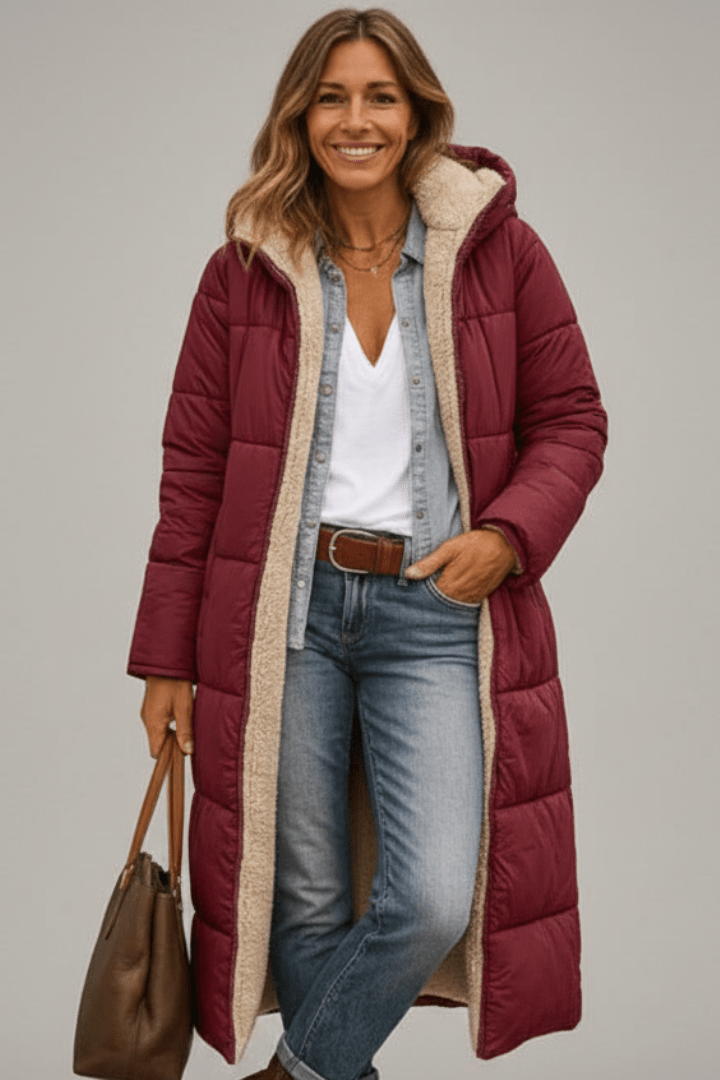 Burgundy hooded long puffer coat for women, front view