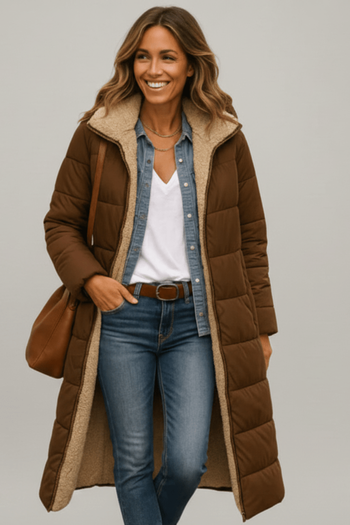 Brown hooded long puffer coat for women, front view