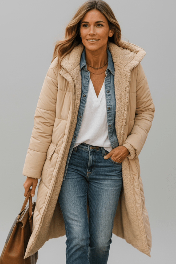 Beige hooded long puffer coat for women, front view