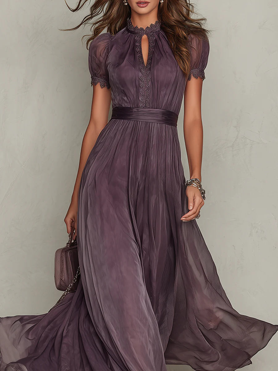 Purple chiffon maxi dress, side view showing the long loose skirt