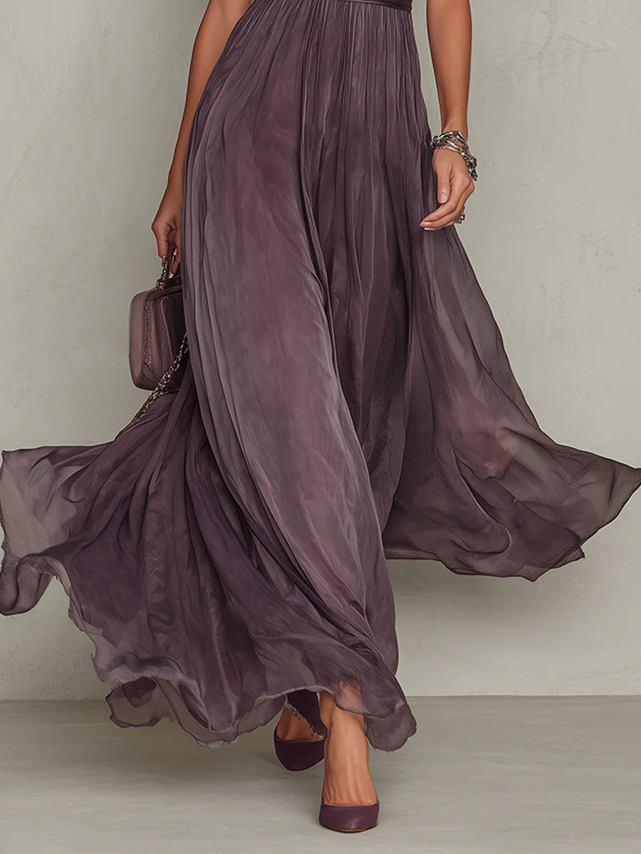 Purple chiffon maxi dress, back view with the hidden closure