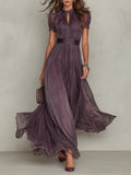 Purple chiffon maxi dress with keyhole neckline, full-length front view