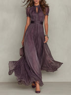 Purple chiffon maxi dress with keyhole neckline, full-length front view