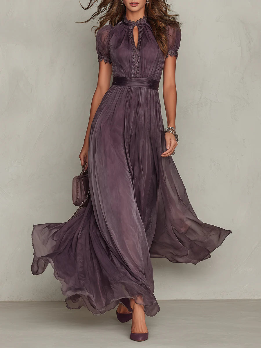 Purple chiffon maxi dress with keyhole neckline, full-length front view