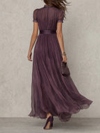 Purple chiffon maxi dress, sheer sleeves and fitted bust shown worn