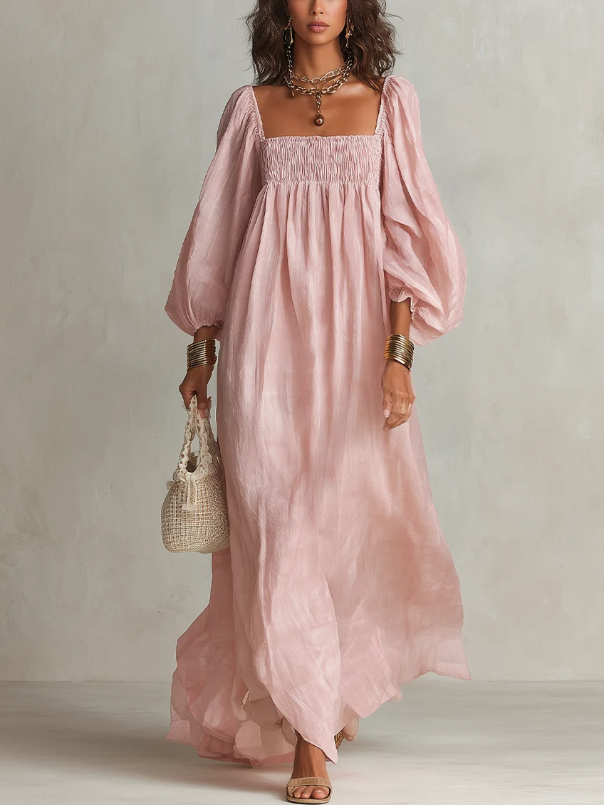 Long Sleeve Linen Maxi Dress for Women in Pink — studio photo, view 1