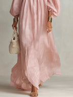 Long Sleeve Linen Maxi Dress for Women in Pink — studio photo, view 4