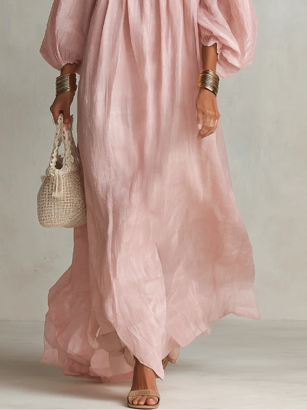 Long Sleeve Linen Maxi Dress for Women in Pink — studio photo, view 4