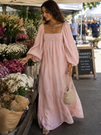 Long Sleeve Linen Maxi Dress for Women in Pink — studio photo, view 2