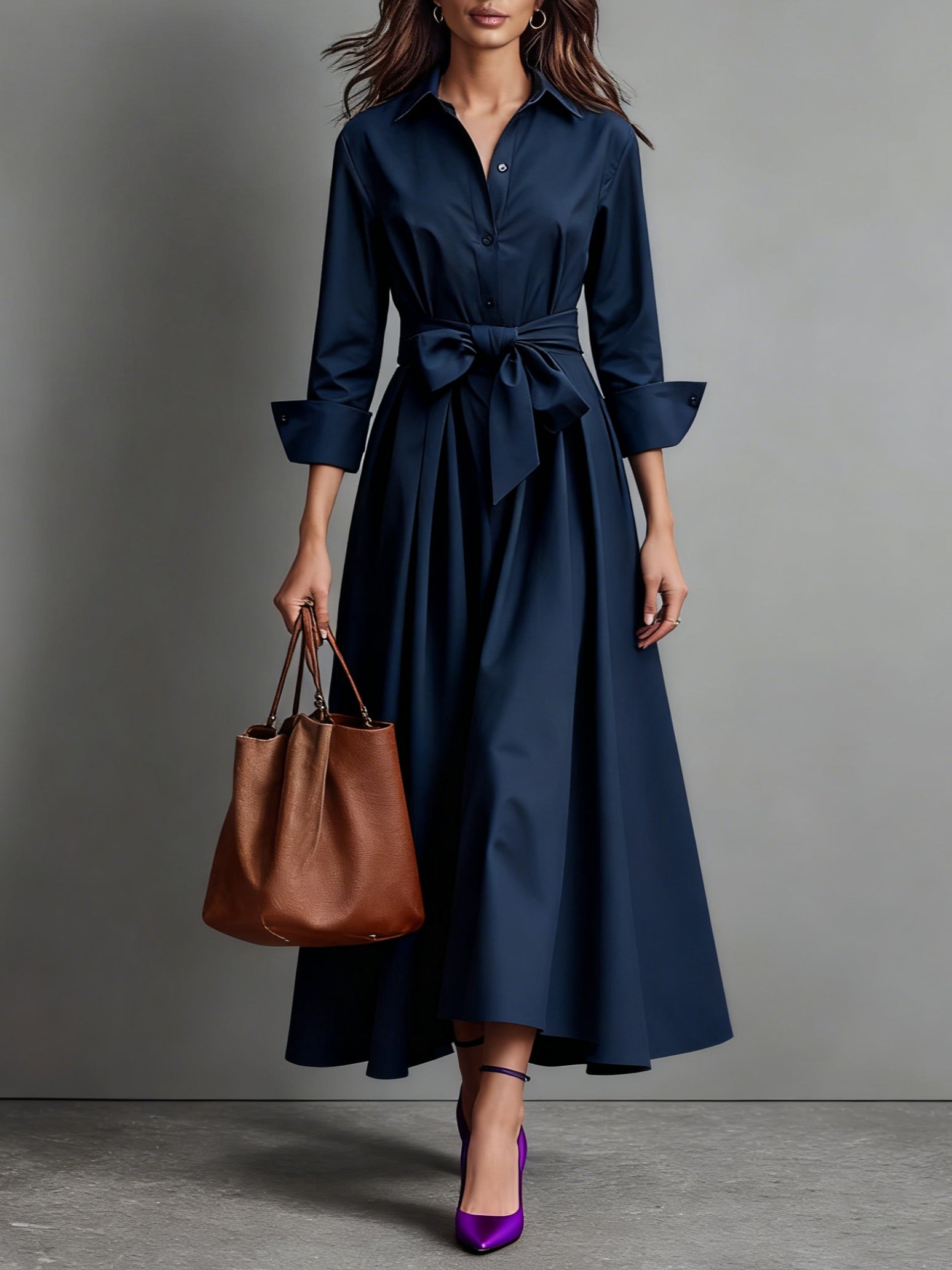 Navy colourway showing the skirt falling to the ankle